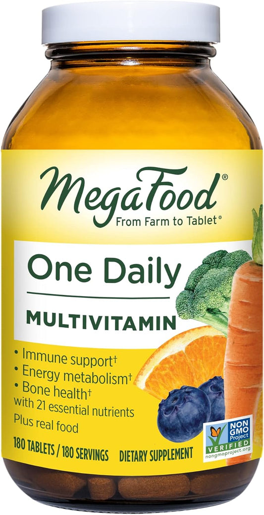 MegaFood One Daily Multivitamin - Multivitamin for Women and Men - with Real Food - Immune Support Supplement -Vitamin C & Vitamin B - Bone Health - Energy Metabolism - Vegetarian, Non-GMO - 180 Tabs