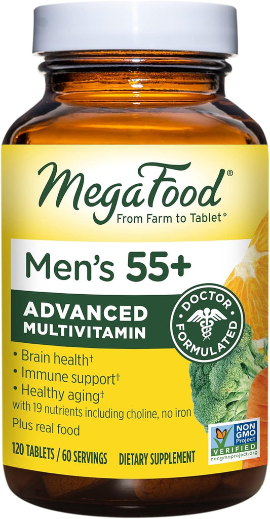 MegaFood Men's 55+ Advanced Multivitamin for Men - Doctor-Formulated -Choline, Vitamin D, Vitamin B12 – Plus Real Food – Brain Health Supplement for Adults & Immune Support - 120 Tabs (60 Servings)