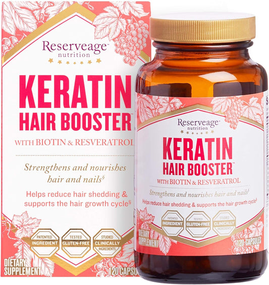 Reserveage Beauty, Keratin Hair Booster with Biotin & Resveratrol, Hair and Nail Growth Supplement for Men and Women, Supports Healthy Thickness and Shine with Biotin, 120 Capsules (60 Servings)